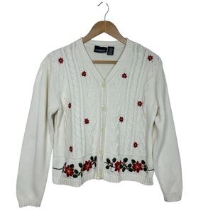 Liz Claiborne Cotton Ivory Knit Embroidery Poinsettias  Buttoned Cardigan L